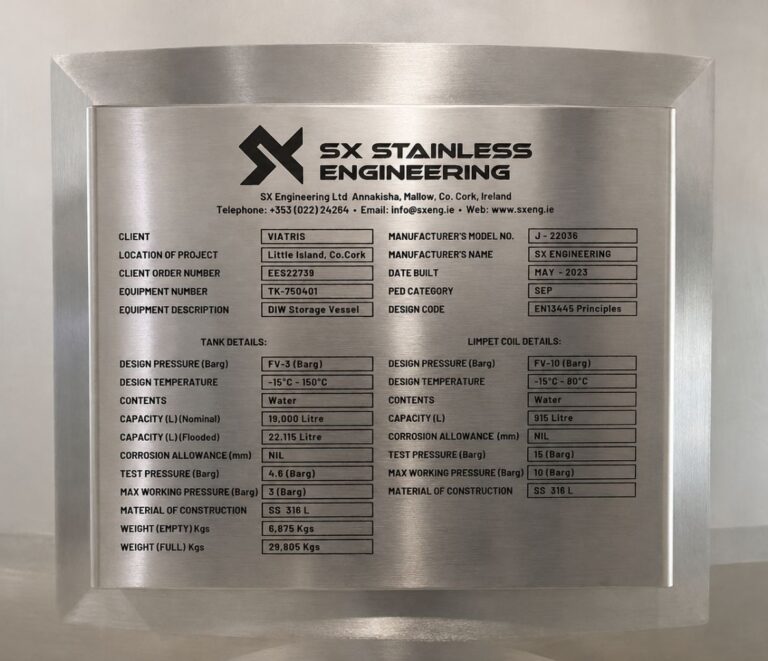 Stainless steel storage vessel data plate